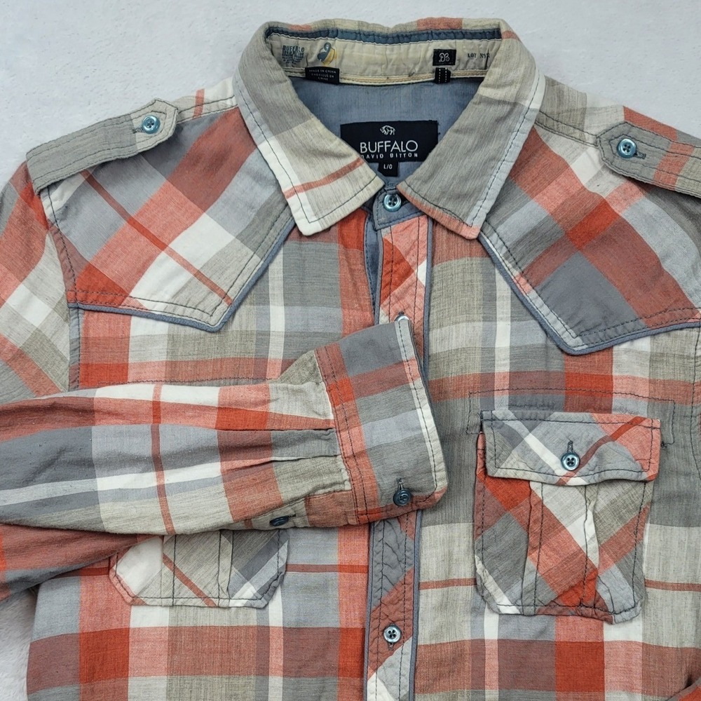 Buffalo David Bitton Mens Orange Plaid Western Button Up Shirt Large Epaulettes